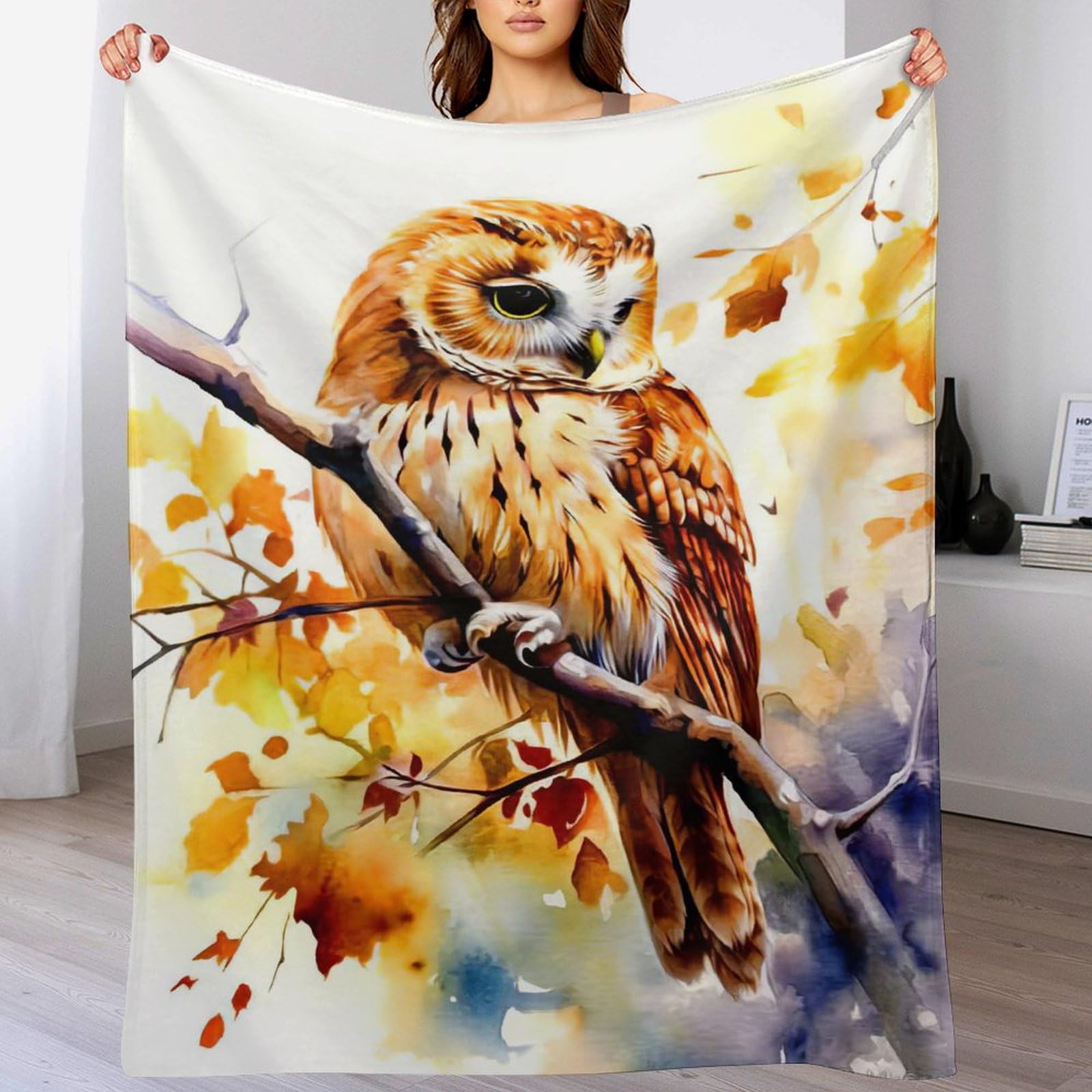 Plaid couverture en flannel moelleuse motif hibou tendre