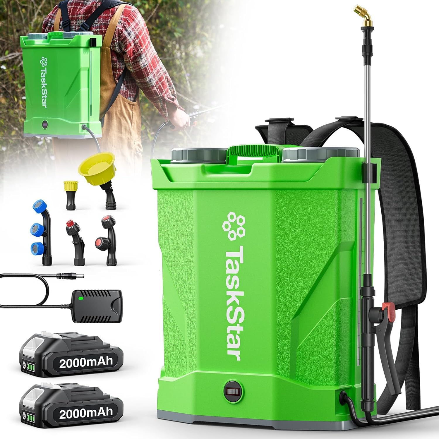 園芸用品 TaskStar 電動噴霧器 充電式 16L 背負 連続自動スプレー 6種類ノズル 2個伸縮パイプ 2個バッテリー 圧力調整 低騒音 小型軽量 除草 防除 害虫駆除 消毒 掃除 家庭菜園 園芸 農薬 肥料 散水 家庭用 0