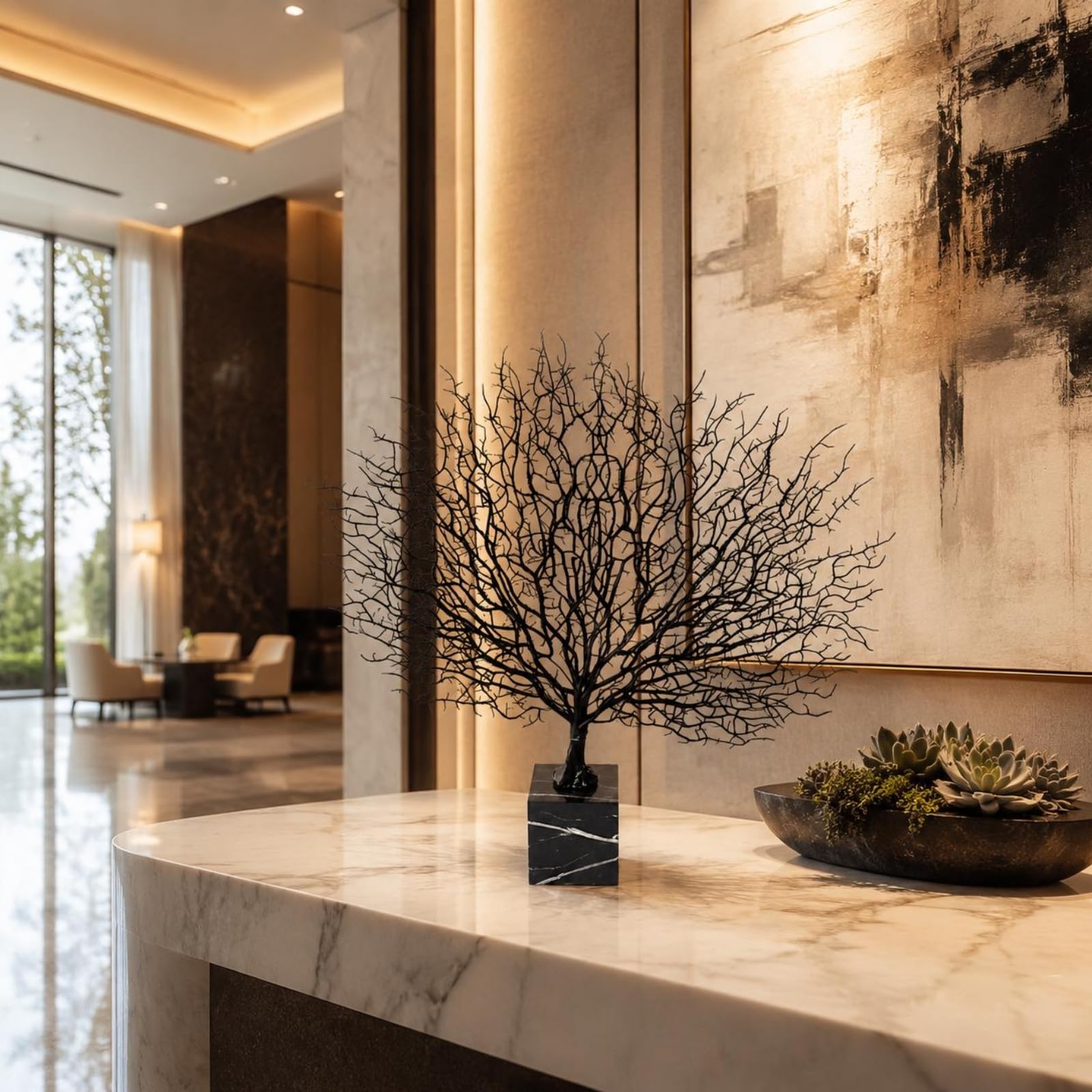 predolo Escultura de Mármol Coral Decorativo Adorno Centro de Mesa con Base Sólida y Estructura Metálica Estilo Moderno Adecuada para Consola Estantería Recibidor Oficina Hotel, Alto