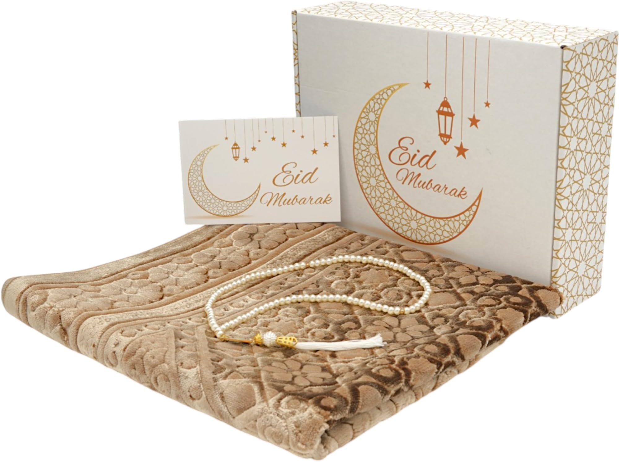 Modefa Muslim Prayer Rug Islam - Ramadan Gifts Set with Prayer Mat & Tasbih Prayer Beads - Soft Plush Islamic Gifts for Women Muslim Gifts for Men - Luxury Velvet Gift Box Set (Mink 2)