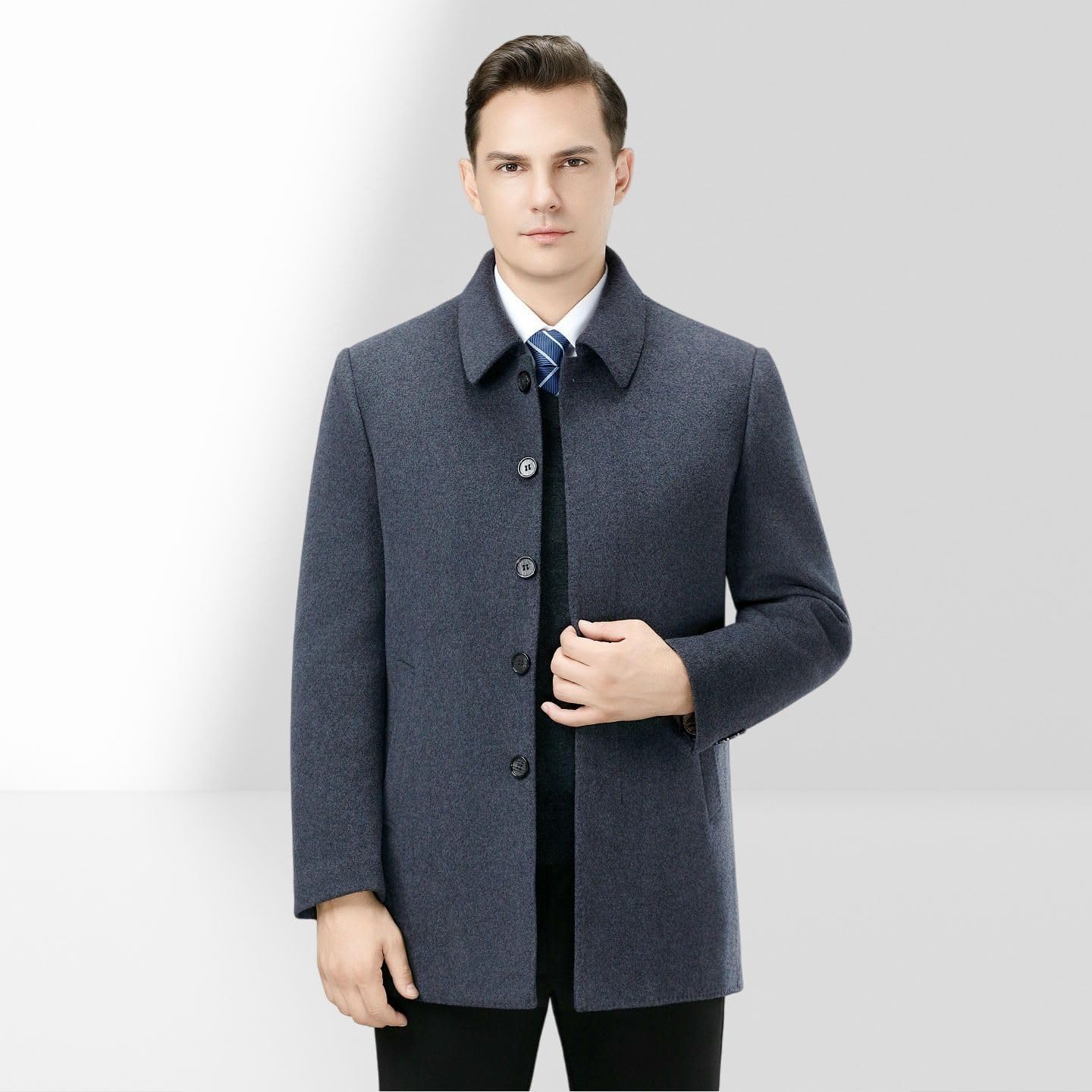 Cappotto da uomo con risvolto in lana double-face autunno inverno fodera rimovibile mezza età