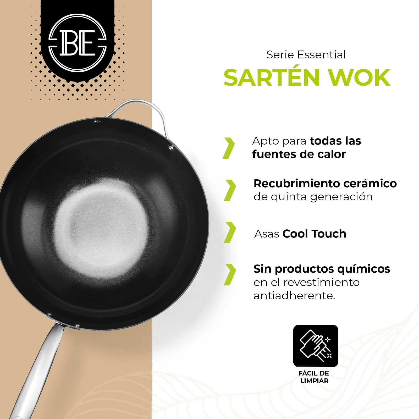 Be Living Sartén wok de acero inoxidable – Ø 32 cm – cerámica – inducción – sin PFAS, antiadherente – sartén – serie Essential