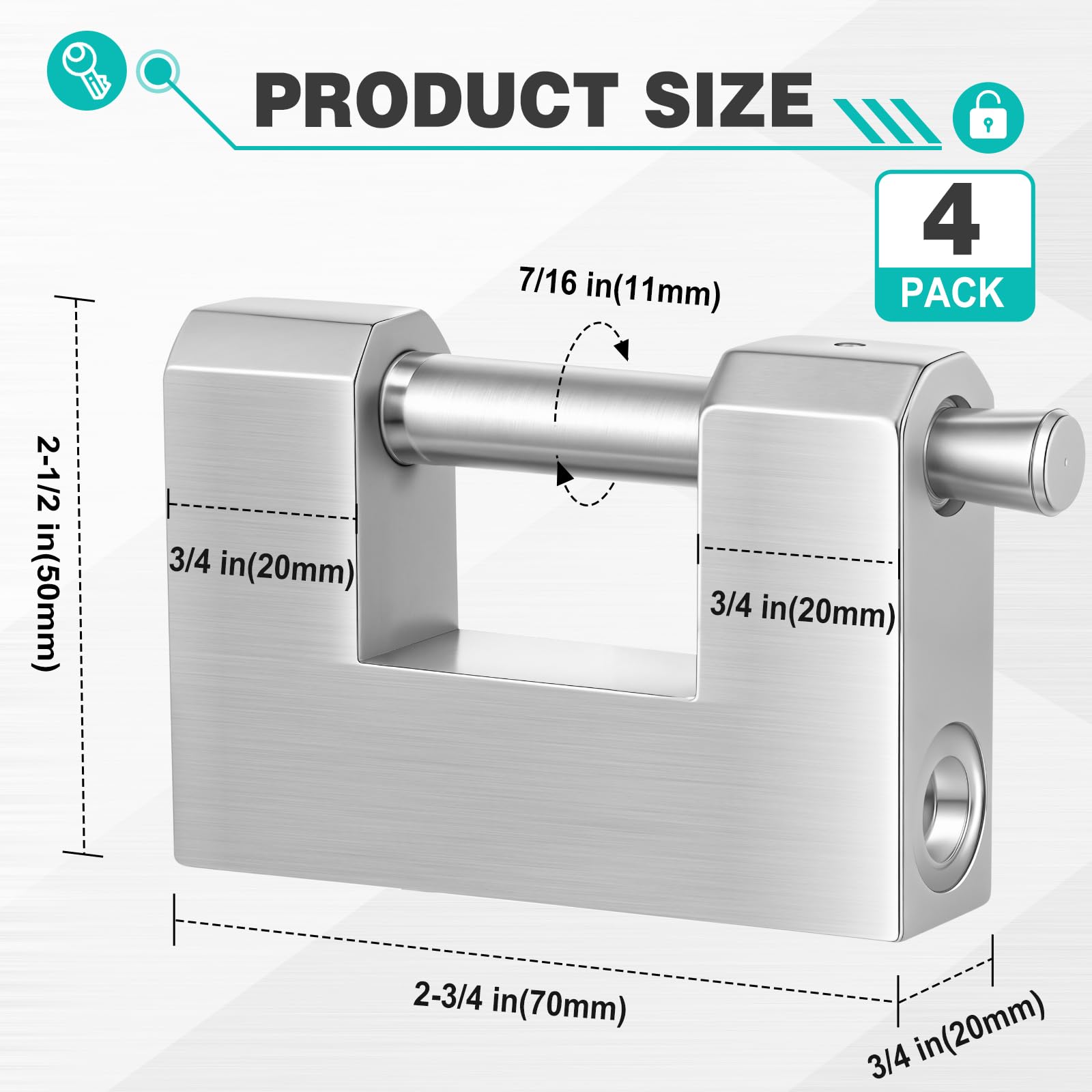 Blulu Lot de 4 cadenas en forme de D en acier inoxydable avec clés en acier inoxydable pour porte de garage, serrure robuste pour conteneur d'expédition, abri de jardin, unité de rangement, casier et