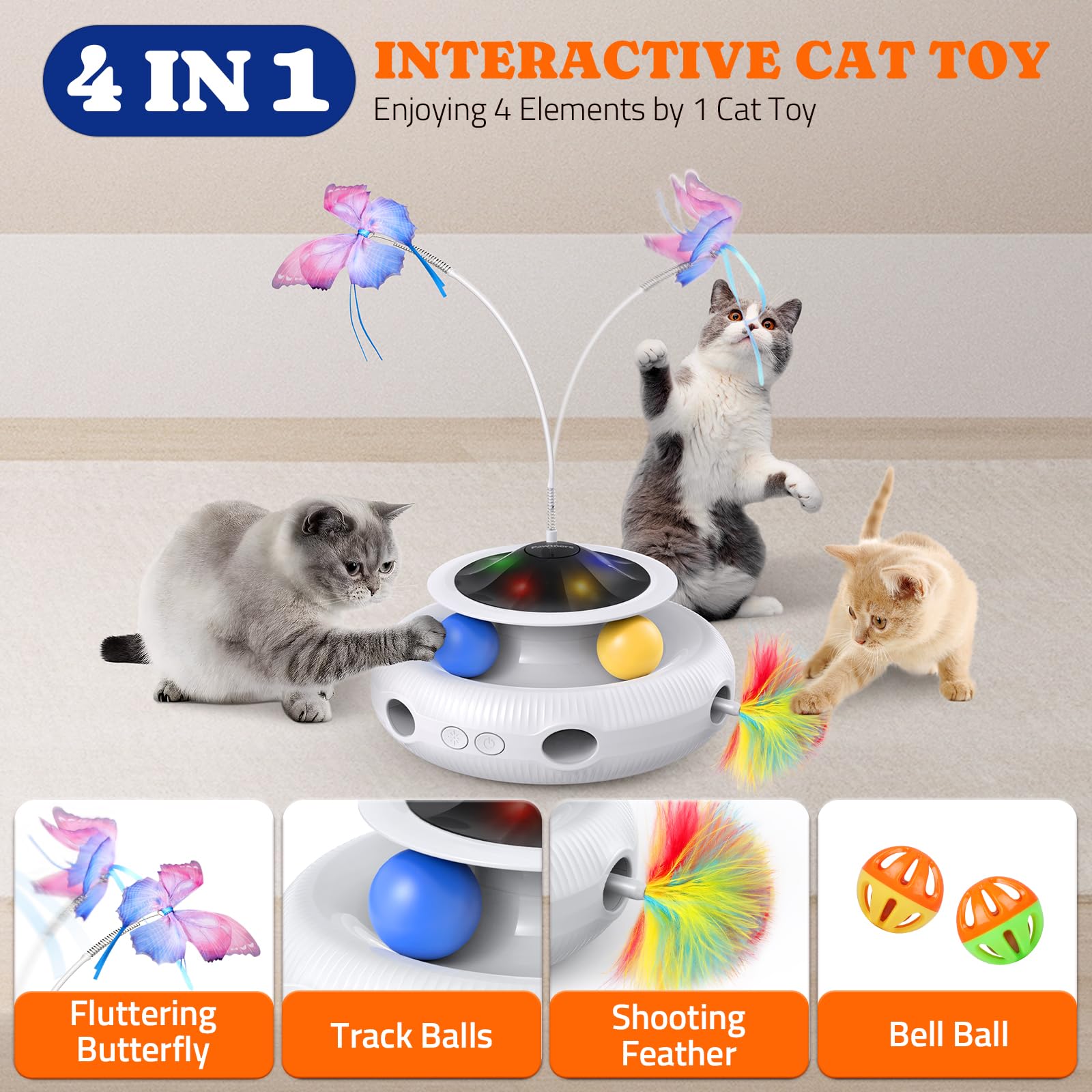 Pawtners Interactive Cat Toy: 4 in 1 Automatic Interactive Kitten Toys for Indoor Cats Rechargeable with Fluttering Butterfly, Track Balls and Ambush Feather
