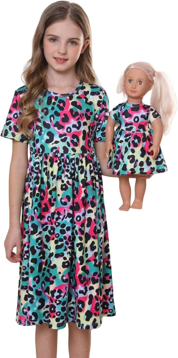 Bow Dream Girls Dress and Matching Doll Clothes Accessories for Girls Short Sleeve Leopard Kids Dress