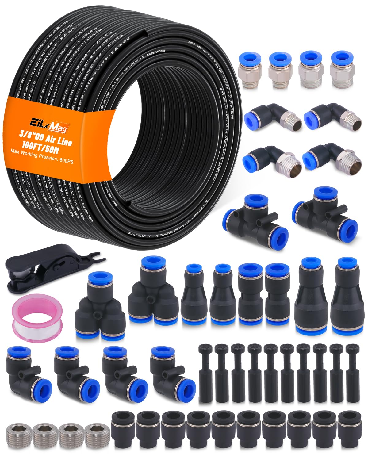 3/8" Air Line Tubing Kit, 100FT SAE J844 PA Nylon Air Hose Tubing