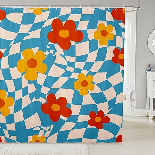 Miniatura 9 de Cortina de baño de flores hippie, cortina de ducha de baño retro floral de los años 70 para niños y niños, tela impermeable con ganchos para Multi