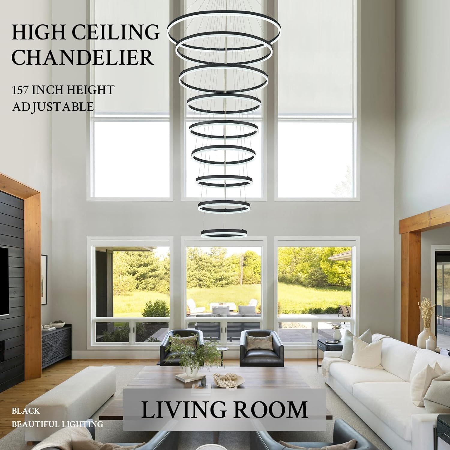9-Rings D39.4’’ Modern LED Chandelier Black Dimmable High Ceiling Foyer Chandeliers Entryway with Remote Control for Staircase Entryway Living Room Foyer, 3000K-6500K