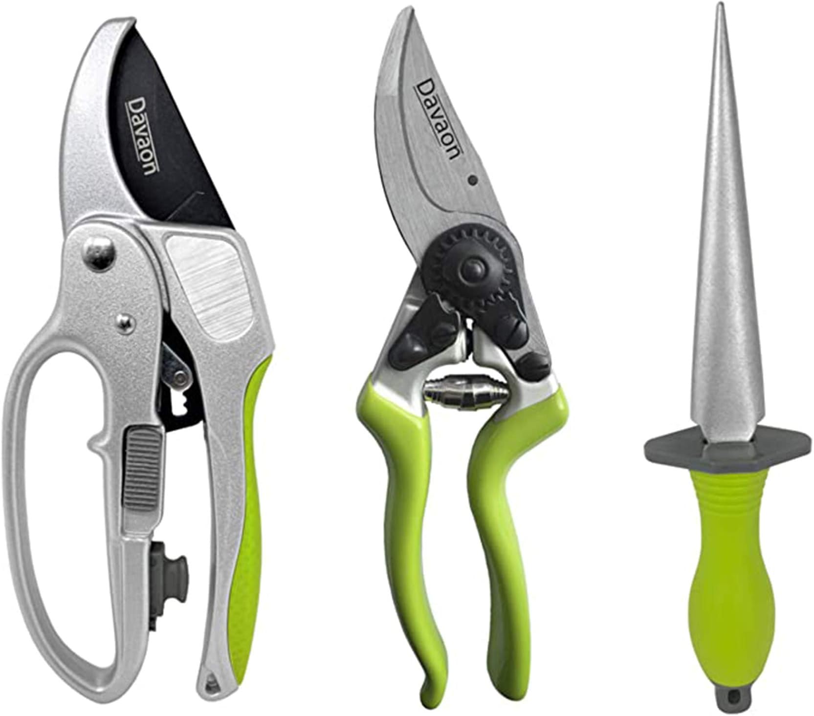 Davaon Pro Gardening Tool Set - 1 x Anvil Pruner, 1 x Bypass Pruner and 1 x Garden Tool Sharpener - Best Secateurs for Hand Pruning - Suitable for Arthritic Hands and Carpal Tunnel