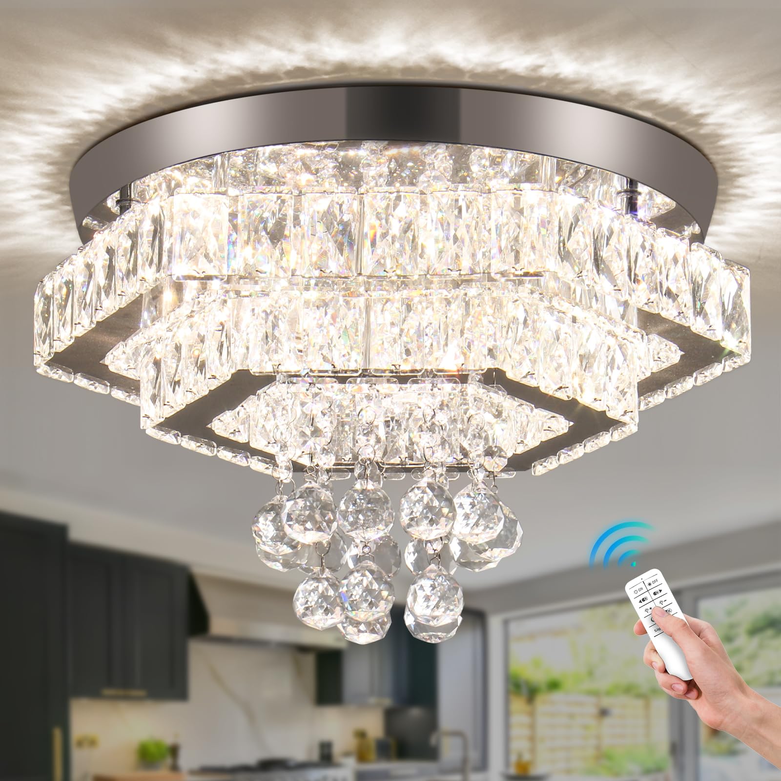 15.7" Modern Crystal Chandeliers LED Ceiling Light Dimmable Chandelier 2 Layers Flush Mount Ceiling Light Fixtures Crystal Pendant Light for Living Room Dining Room(2700K/4000K/6500K)