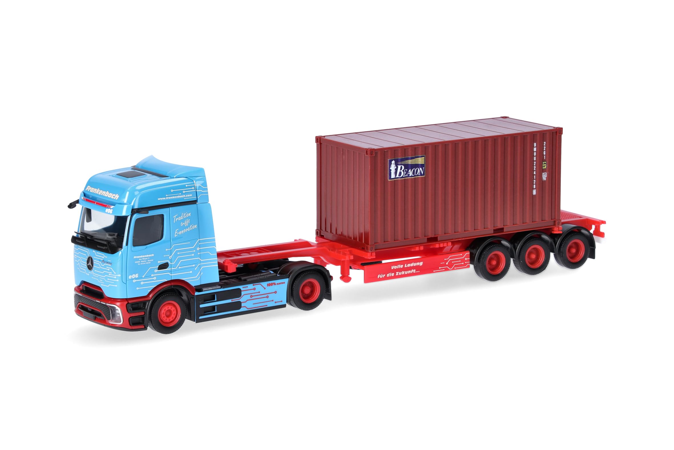 Herpa LKW Modell Mercedes-Benz eActros ProCabin BigSpace 20 ft. Container-Sattelzug Frankenbach, Miniatur im Maßstab 1:87, Sammlerstück, Made in Germany, Kunststoff