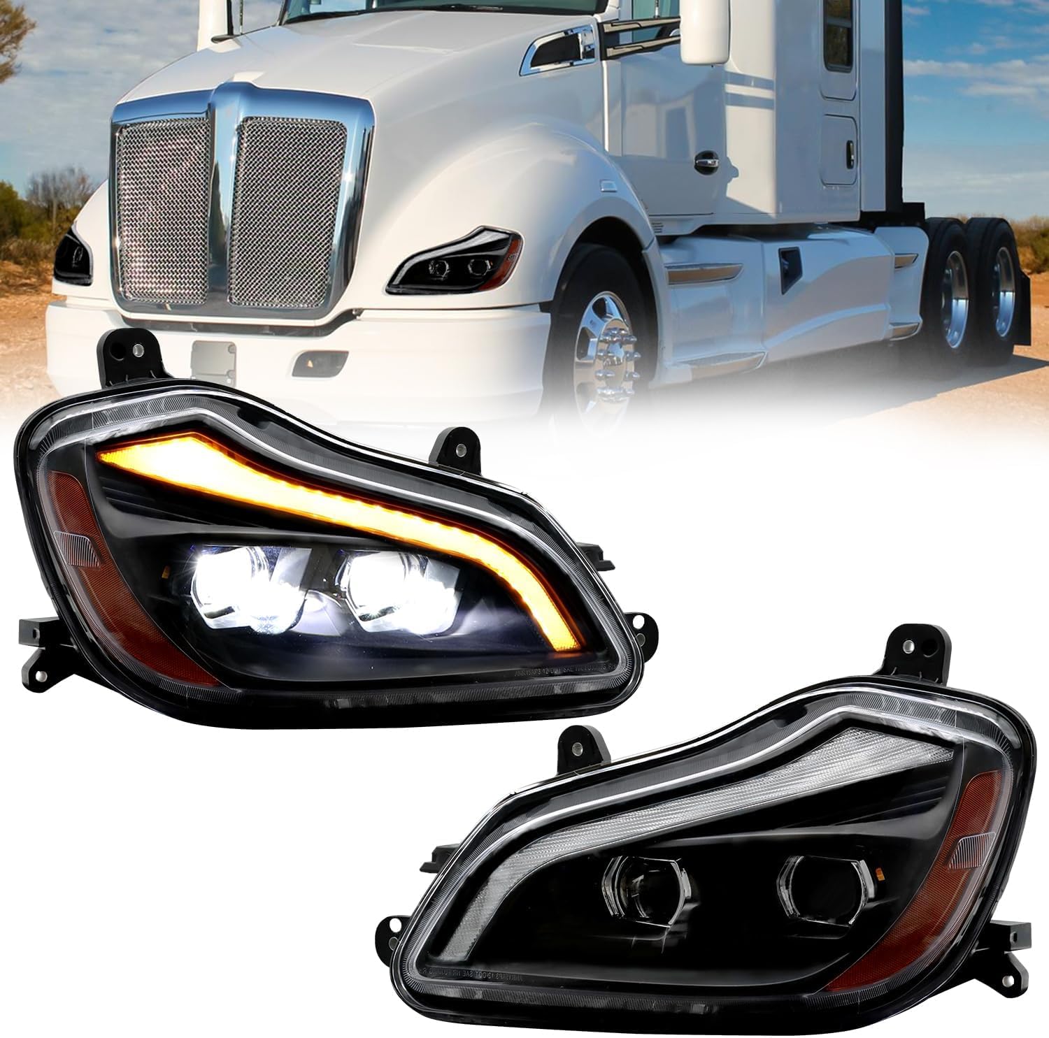 LED Headlight Fit for Kenworth T680 2013-2021, Pair LED Performance Headlamp DRL Headlights Black House (Left & Right Side) (A Pair of Headlight)