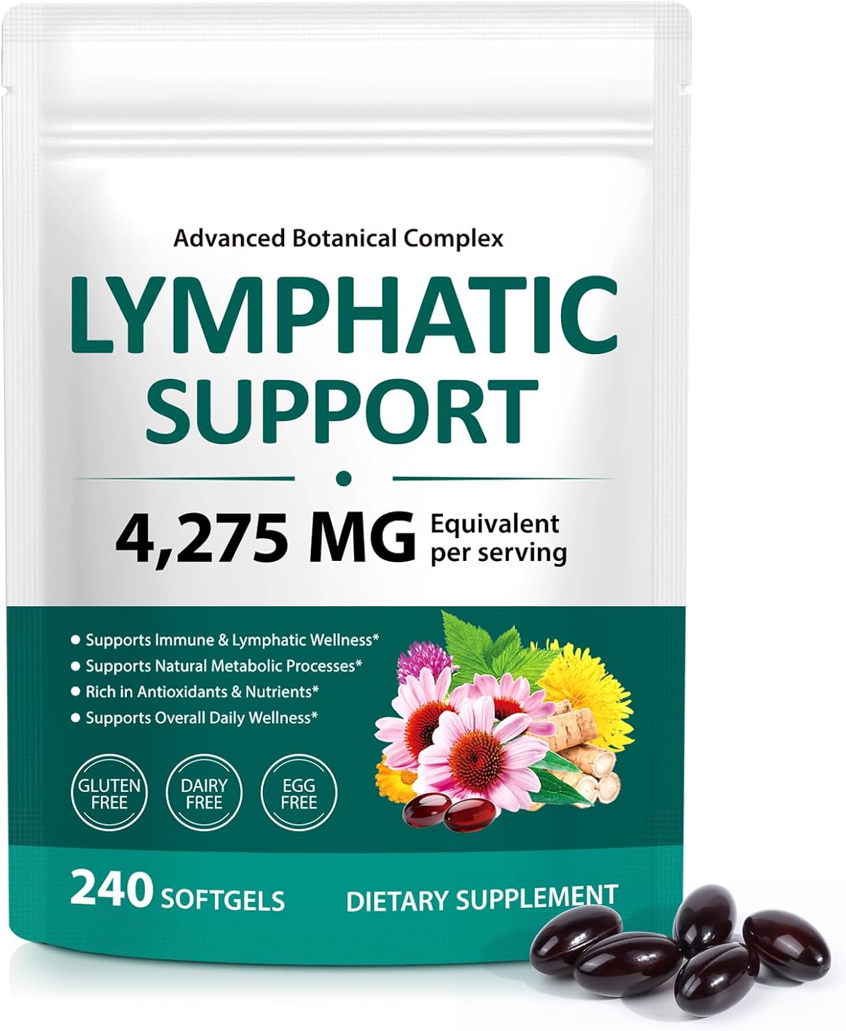 Lymphatic Drainage Supplements, 4275mg Herbal Blend for Immune and Fluid Health for Men Women, with Dandelion, Burdock Root, Echinacea, Turmeric, Bromelain, 240 Softgels for Lymph System Balance(1)