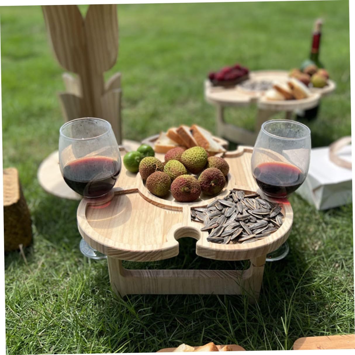 Luxshiny Portable Foldable Wine Holder Table Wooden Picnic Table for Outdoors Beach BBQ Camping 35cm Diameter Petal Tray Portable Wine Desk