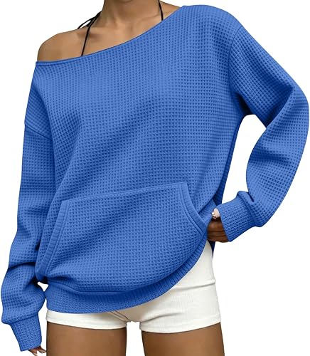Womens Off Shoulder Sweatshirt Pullover Long Sleeve Drop Shoulder Oversized Swea