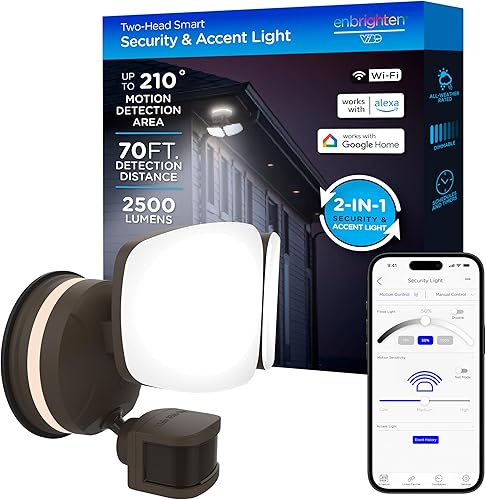 Enbrighten Luz de seguridad inteligente LED Wi-Fi, control de aplicación, activada por movimiento, doble cabeza, bronce, certificación ETL,