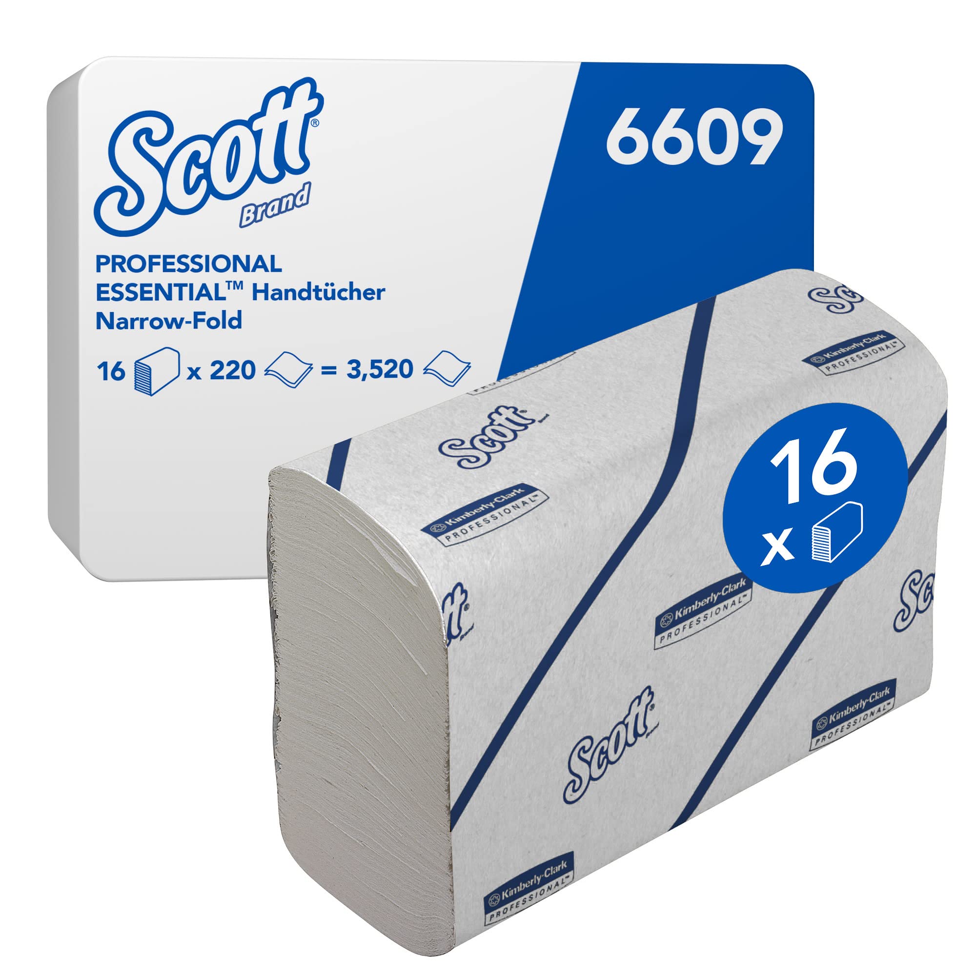 Scott Essential Narrowfold Papierhandtücher, 2-lagiges weißes Handtuchpapier, nachhaltige Papierhandtücher aus Recyclingfasern, 16 Clips x 220 (3.520 Blätter), Artikel-Nr. 6609