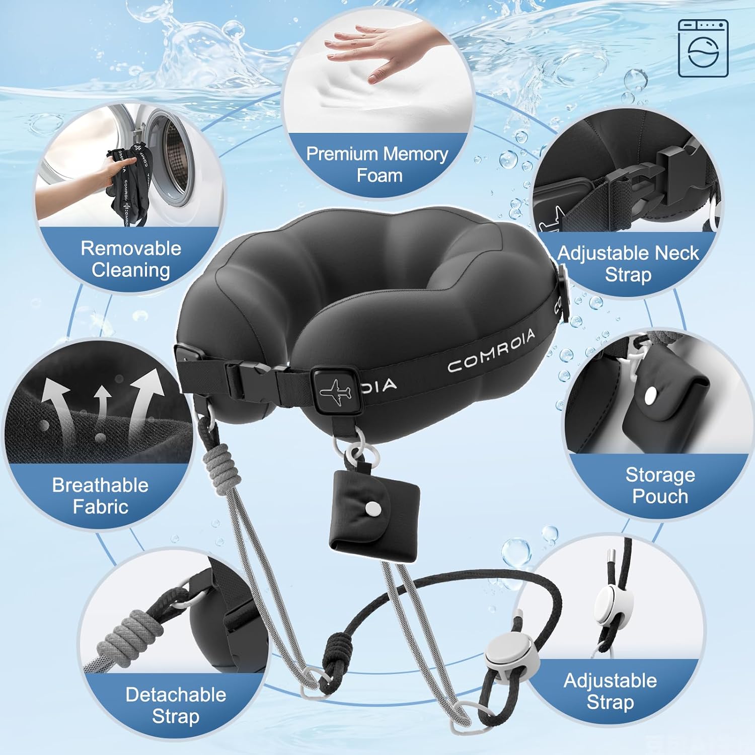 Travel Neck Pillow for Airplane Sleeping – 360° Head Support Prevents Bobbing, 100% Memory Foam Ergonomic Neck Cushion with No-Case-Needed Carry Strap for Long Flights & Car – Washable Cover (Black) - Image 5