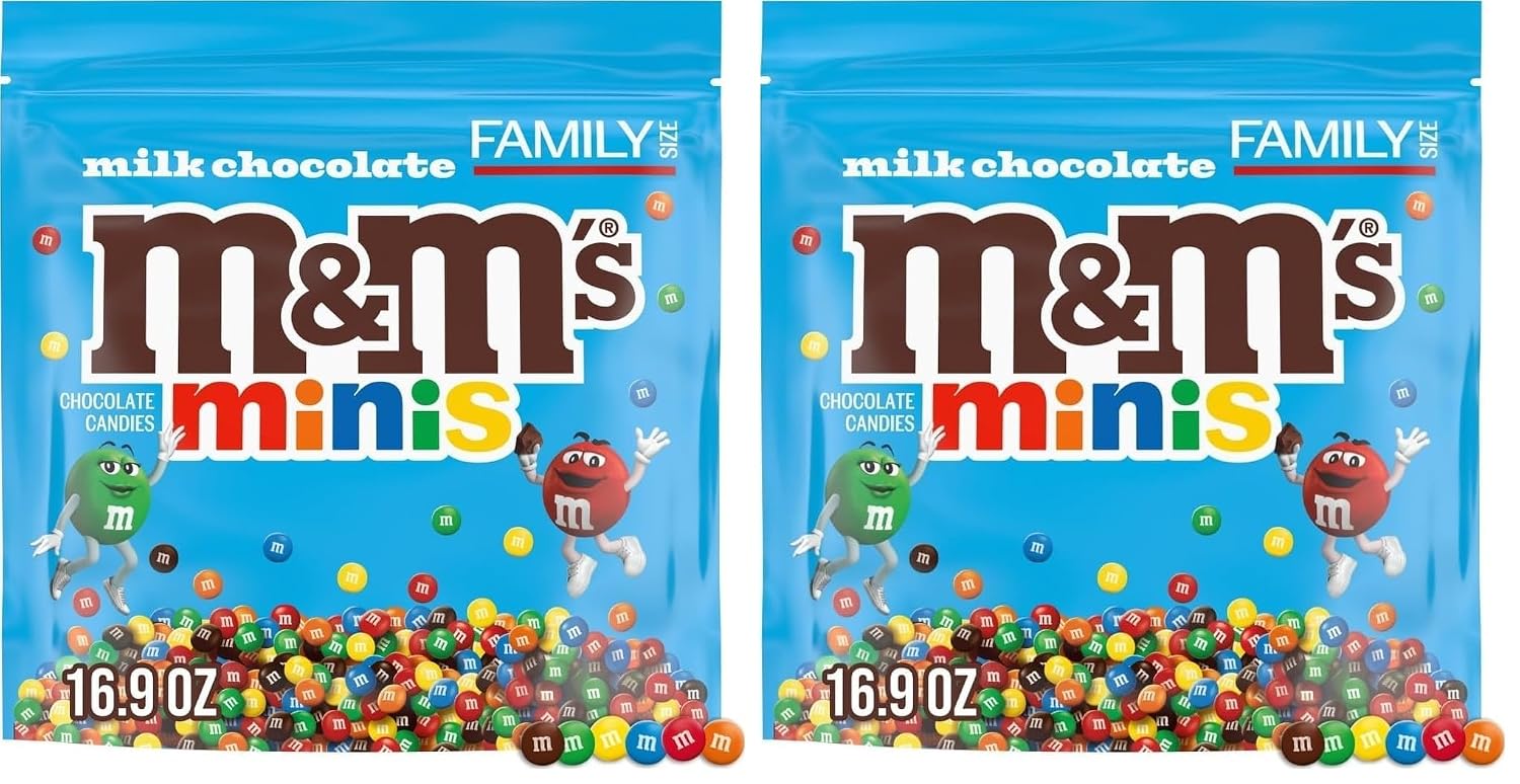 M&M'S MINIS Milk Chocolate Summer Candy Bulk Summer Snacks, Family Size, 16.9 Oz Resealable Bag (Pack of 2)