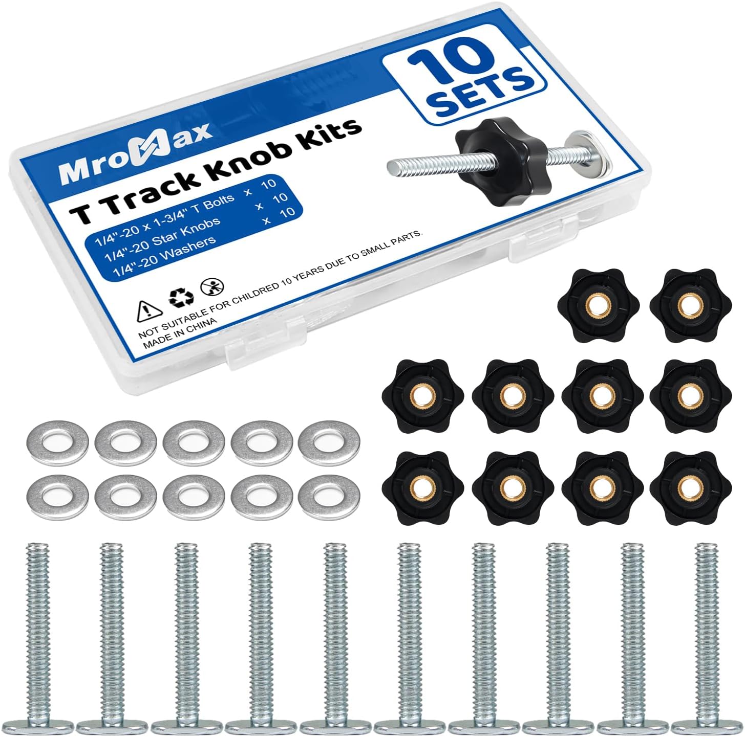 10 Sets of 1/4"-20 T Track Knob Kits, 2-1/2" Length T-Bolts