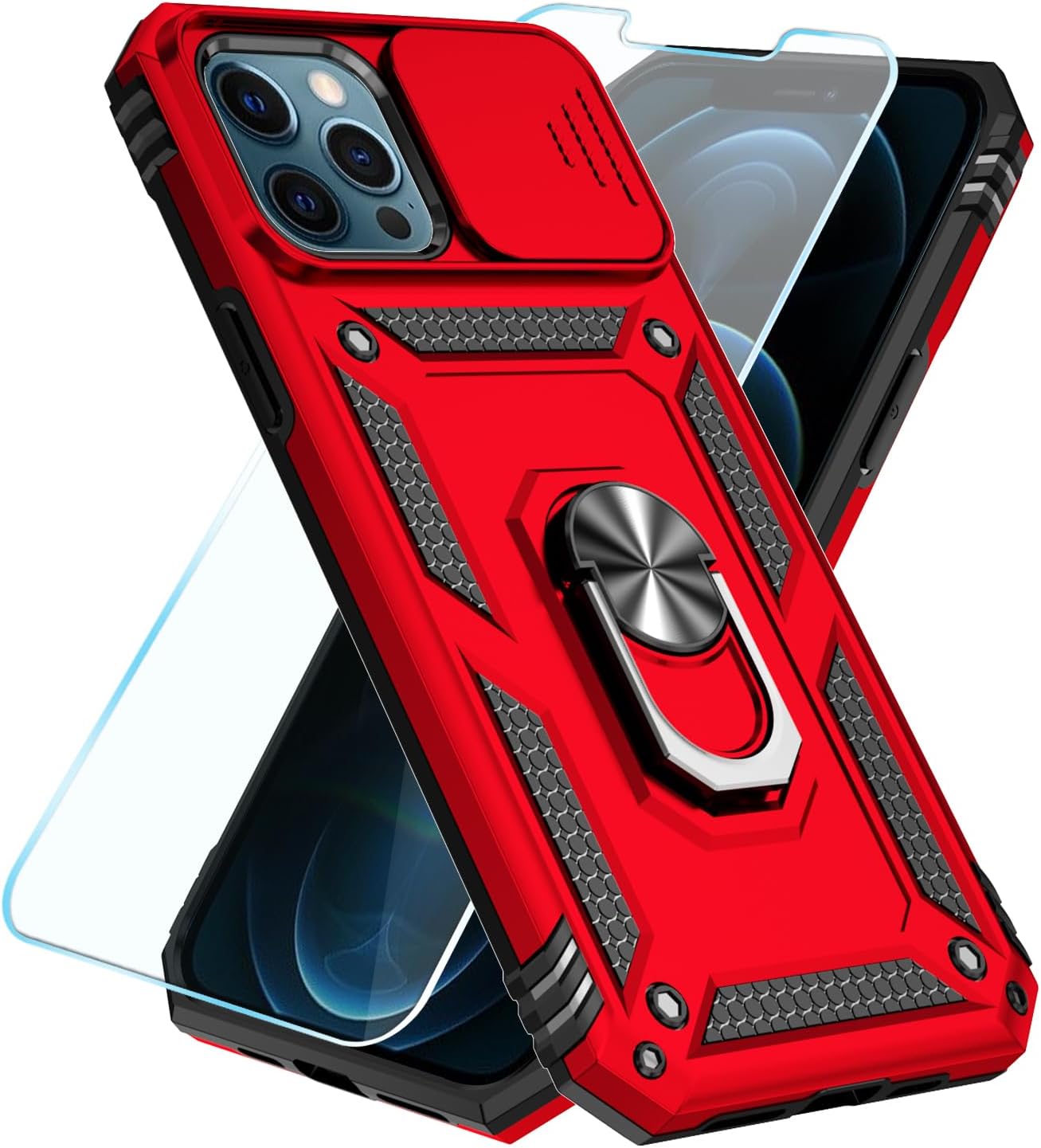 SunStory Compatible with iPhone 12 Pro Max Case with HD Screen Protector & Slide Camera Cover & Rotated Ring Kickstand, [Military-Grade] Phone Case for iPhone 12 Pro Max (Red)