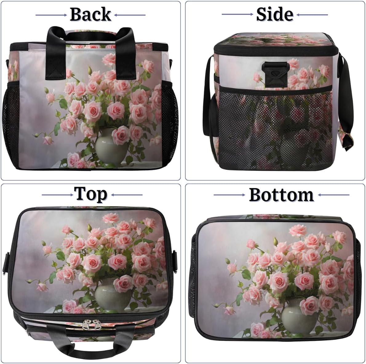 Flowers Insulated Picnic Backpack Lunch Box for Women Men Picnic Basket Tote Lunch Bag Picnic Bag Portable Lunch Bags for Picnic, Beach, Work, Trip,Office, Camp Bouquet of Pinks Roses