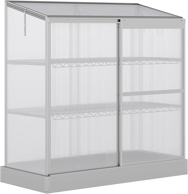 Outsunny 3 Tier Greenhouse Garden Outdoor Cold Frame Plant Flower Growth Transparent Polycarbonate Board Openable Roof Sliding Door w / Foundation 131L x 58W x 140H cm