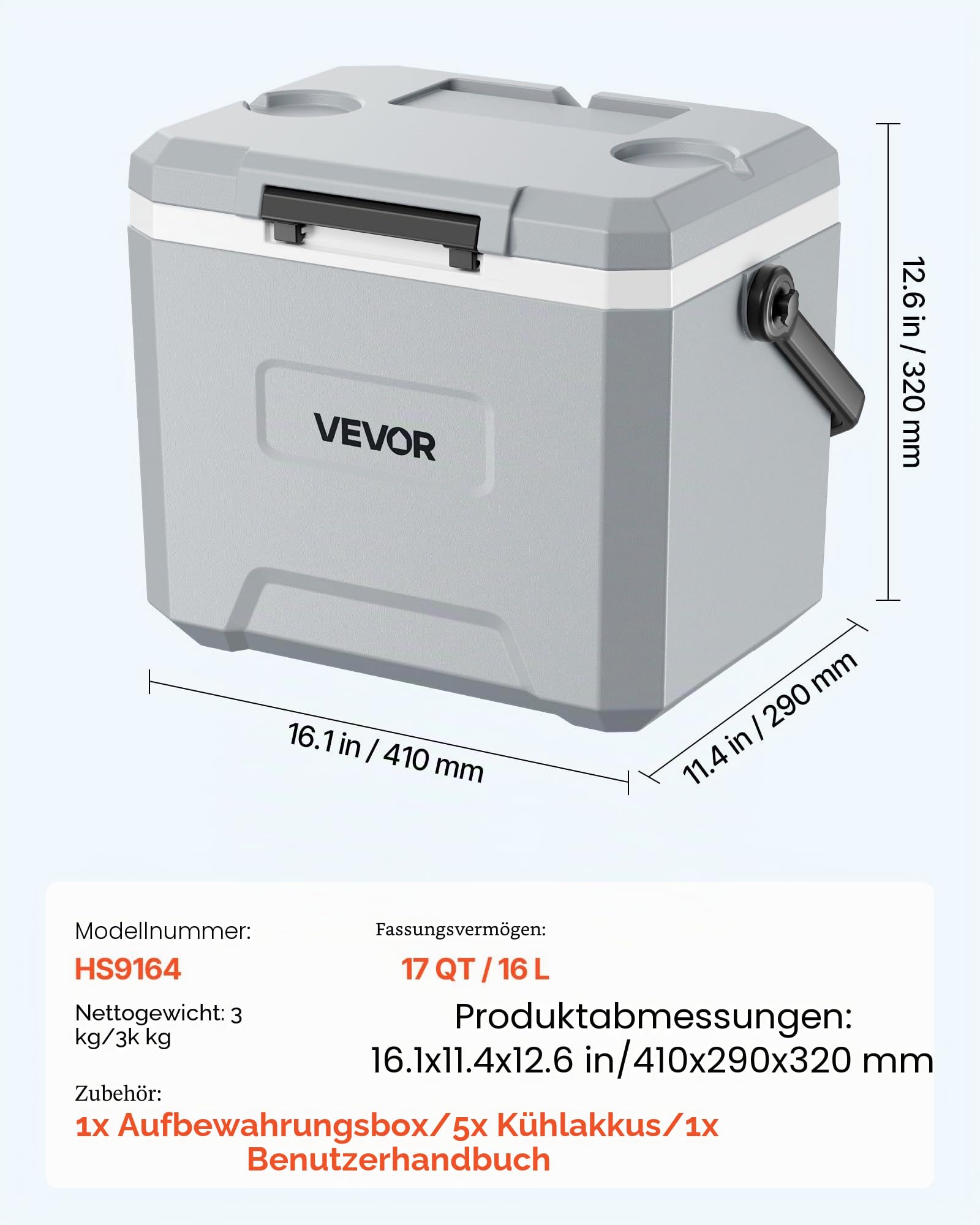 VEVOR Kühlbox 16 L, Passiver Kühlbehälter, Hält den Inhalt 48 Stunden Lang Kühl, Isolierbox mit Eisspeicher & Robustem Griff, Coolbox ohne Strom, Ultraleicht für Camping, Konzerte & Sport