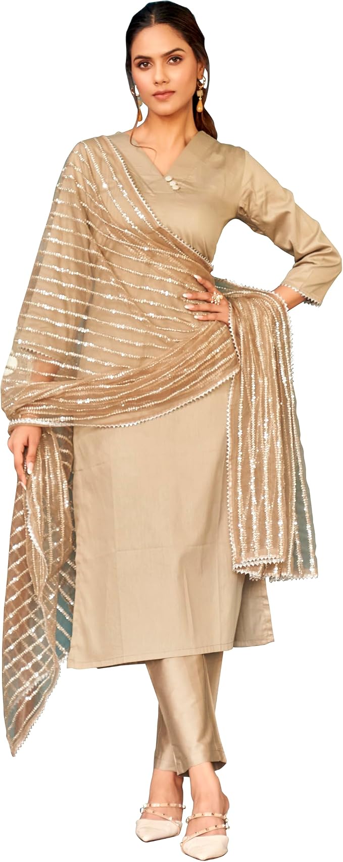 Womanista Women Beige Color Cotton Kurta set with Heavy Dupatta
