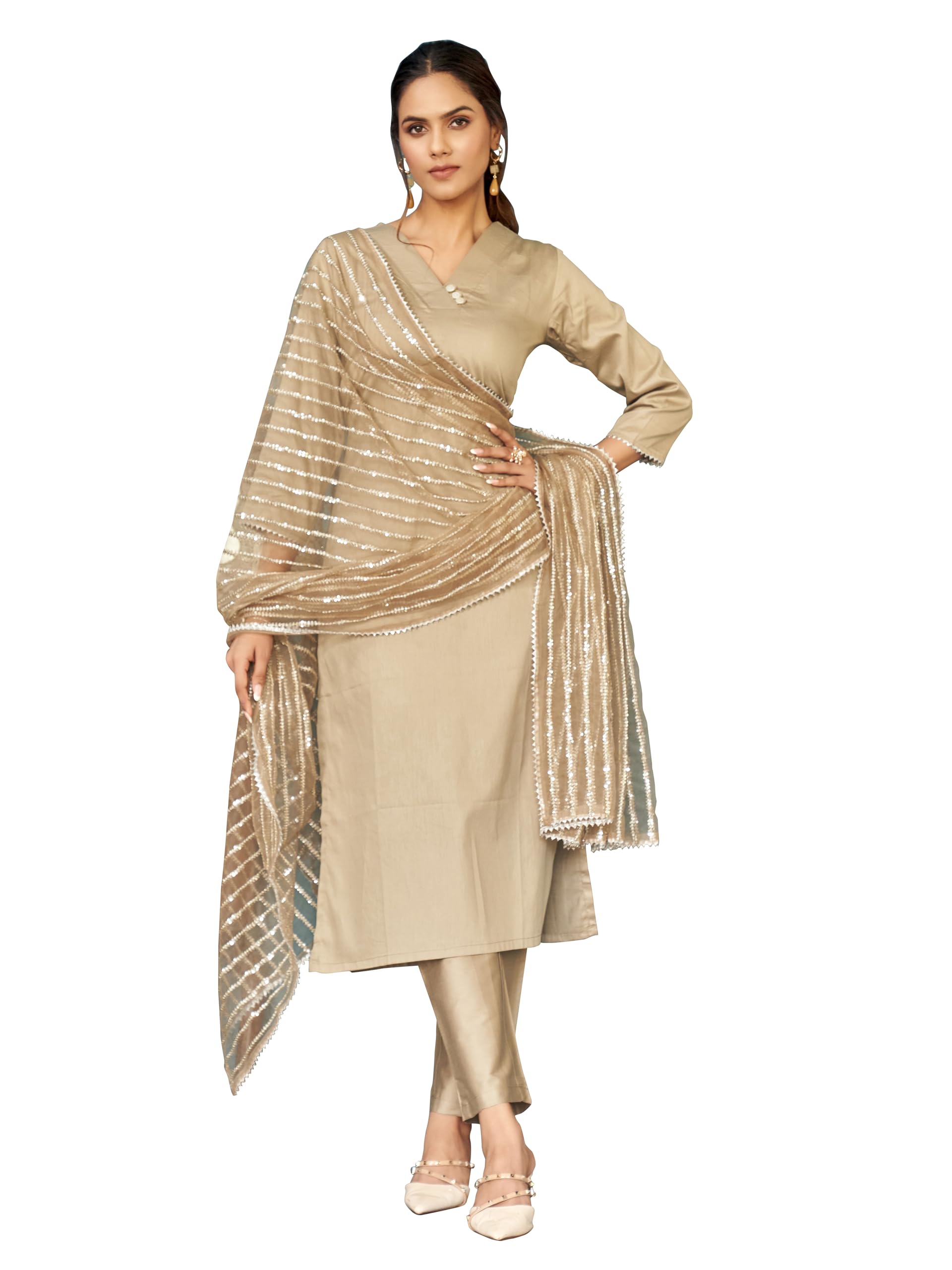 WomanistaWomen's Beige Color Cotton Kurta Set with Heavy Dupatta