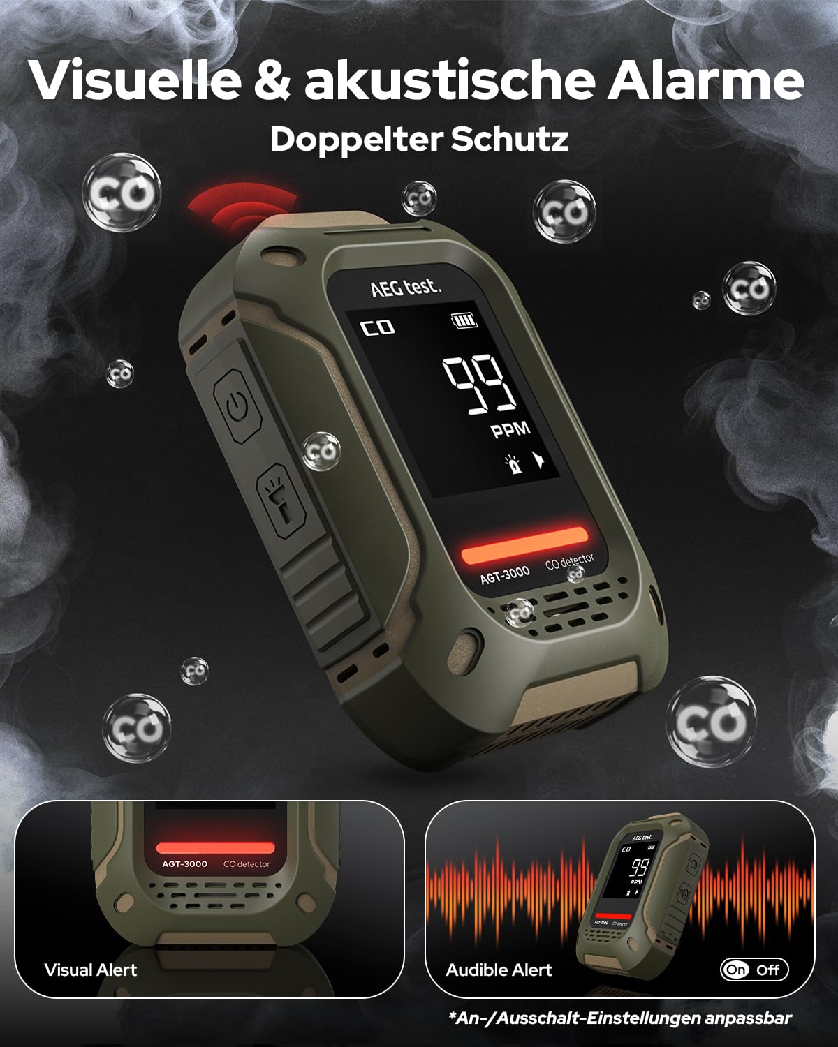 AGT-3000 Tragbarer Kohlenmonoxidmelder, 240 Std Standby, verbesserter CO-Sensor für Reisen, wiederaufladbarer CO-Detektor mit Audio- & visuellem Alarm, CO-Messgerät für Camping, 0–1000 ppm
