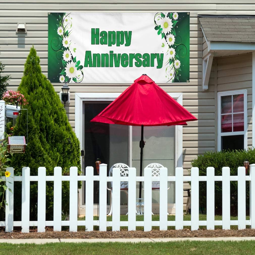 Vinyl Banner Multiple Sizes Happy Anniversary (Daisy) Lifestyle Outdoor Weatherproof Industrial Yard Signs Green 4 Grommets 16x40Inches