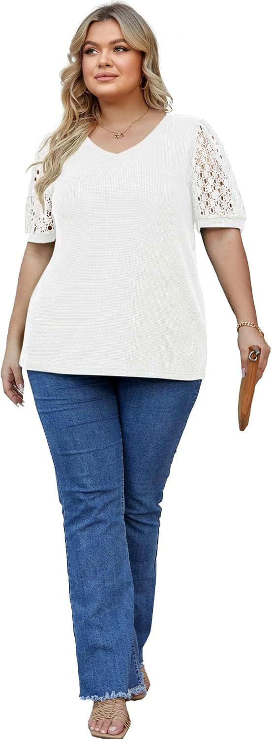 OLRIK Plus Size Tops for Women Summer Blouse Waffle Knit Short Lace Sleeve Shirts - Image 5