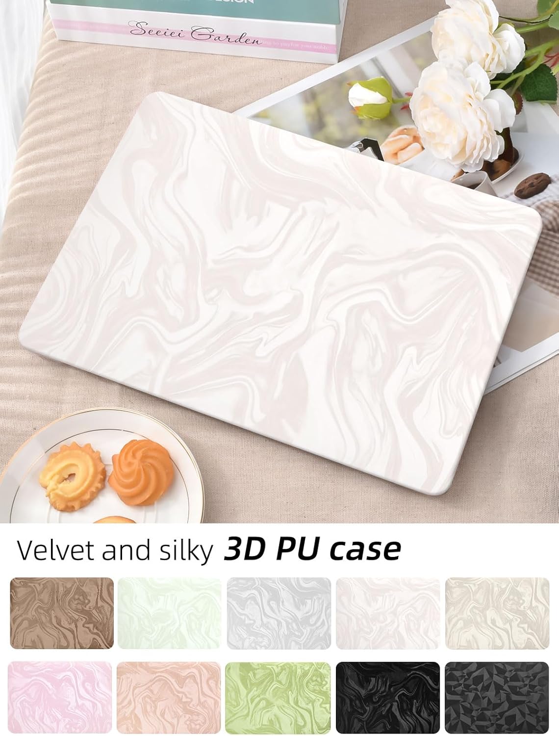 Seorsok Compatible with MacBook Air 13 Inch Case 2022 2021 2020 2019 2018 Release A1932 A2179 M1 A2337 Touch ID,Luxurious and Skin-Friendly Leather Plastic Hard Shell&Keyboard Cover, Beige Wave