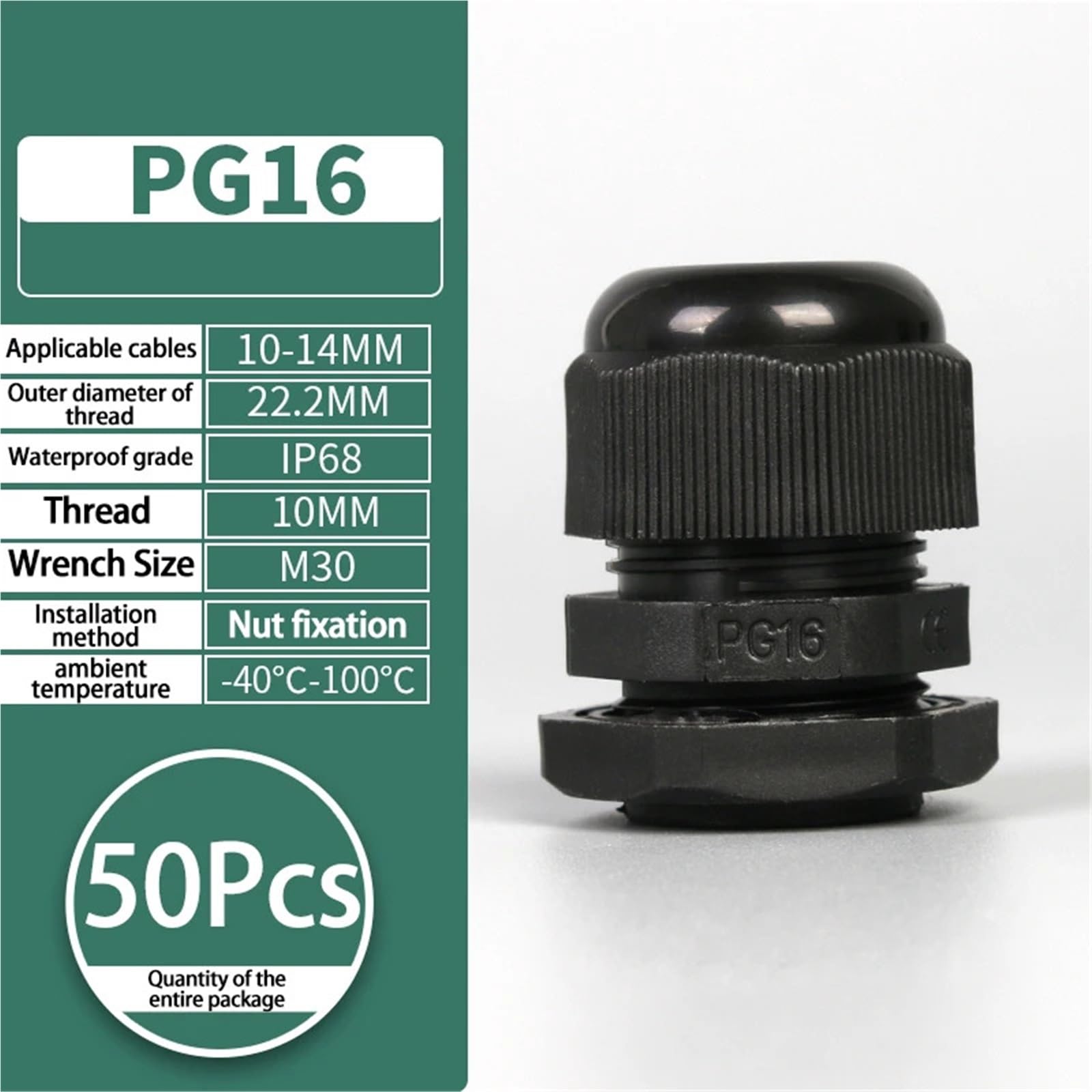 PG7 wasserdichte Kabelverschraubung, IP68, Nylonstecker für 3–6,5 mm Kabel, 50 Stück
