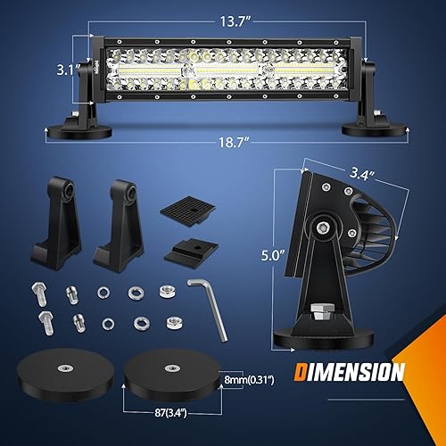 Miniatura 2 de Nilight Barra de luz LED de 13.5 pulgadas, triple fila, cableado de encendedor de cigarrillos, base magnética fuerte, combo de inundación de 96 LED,
