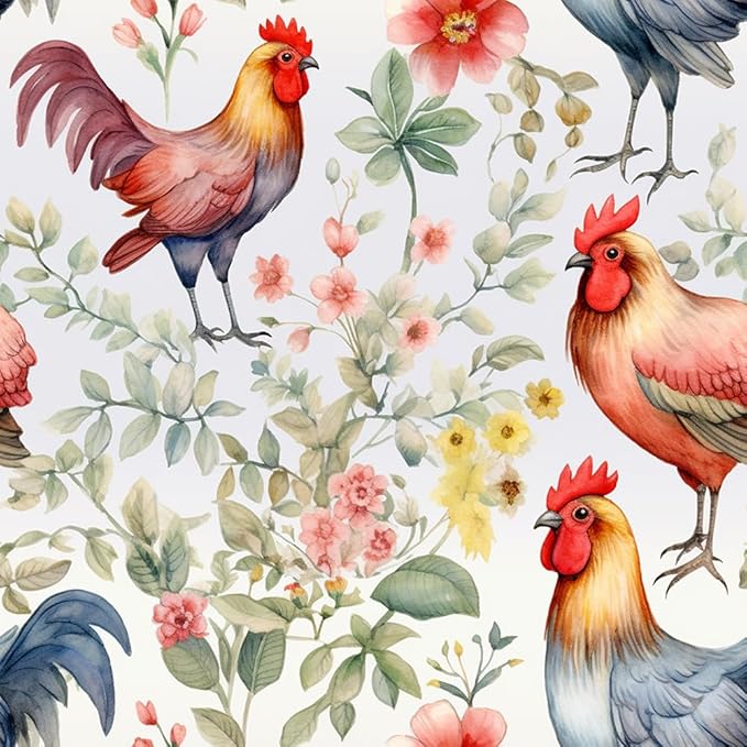 VistaPalette 18"x236" Boho Watercolor Rooster Chicken Floral Peel and