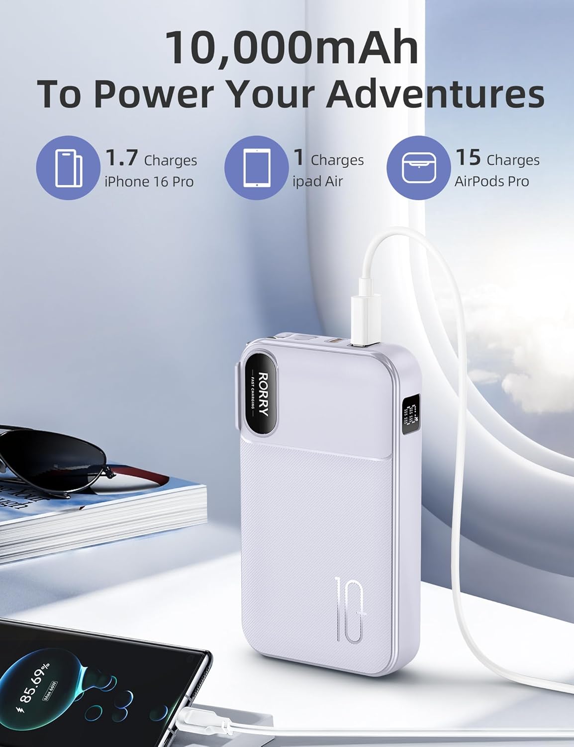 RORRY Portable Charger Built in Cables, AC Wall Plug in Portable Charger Power Bank 10000mAh Travel Battery Pack 22.5W Fast Charging for iPhone 17/16/15 Samsung Galaxy S25/S24 Pixel LG iPad, Purple