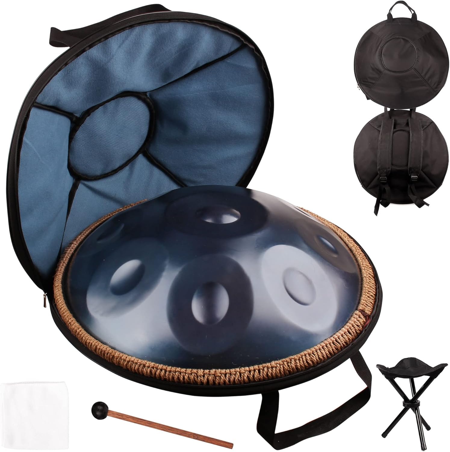 Handpan, Steel Drum, Hand Pan, Tamburo in Acciaio, Blu Profondo | 432HZ 10 Note D Minore 22 Pollici 56cm Handpan Drum per Meditazione e Yoga, Tamburo a Mano con Borsa e Supporto