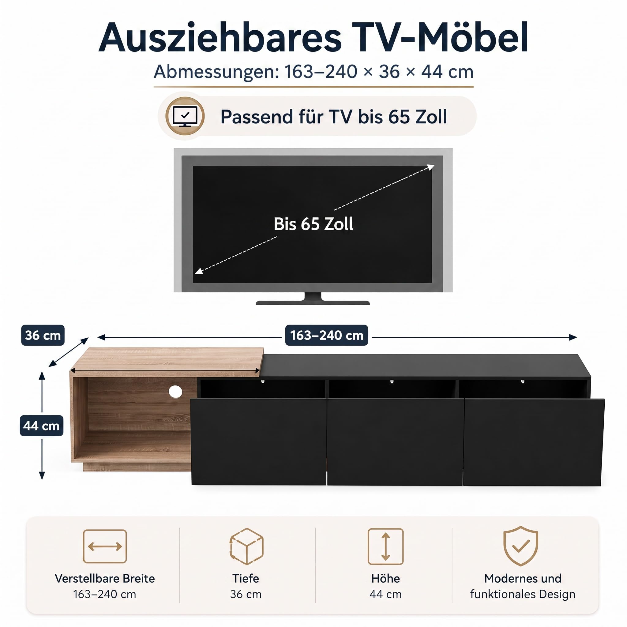 TV-Schrank Lowboard 163cm-240 cm mit Beleuchtung, Fernsehtisch, Fernsehschrank mit 3 Schublade, Ausziehbarer TV-Ständer, Wohnzimmermöbel,Hochglanz Schwarz und Natur Holzmaserung,240x38x44cm