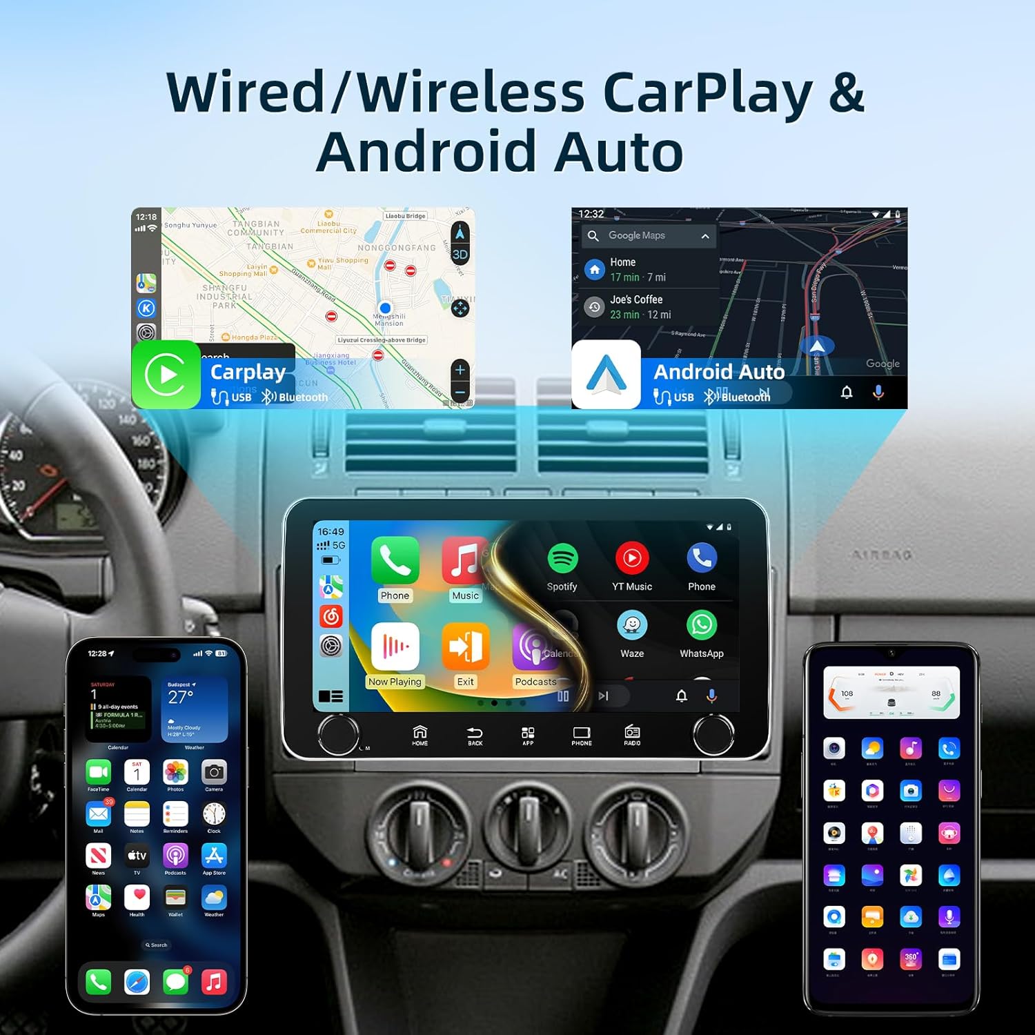 [2G+64G] 10.36 inch Android Single Din Car Stereo, 10 inch Touch Screen Radio with Wireless Carplay/Android Auto/EQ Audio/SWC/Bluetooth/WiFi/FM RDS Radio