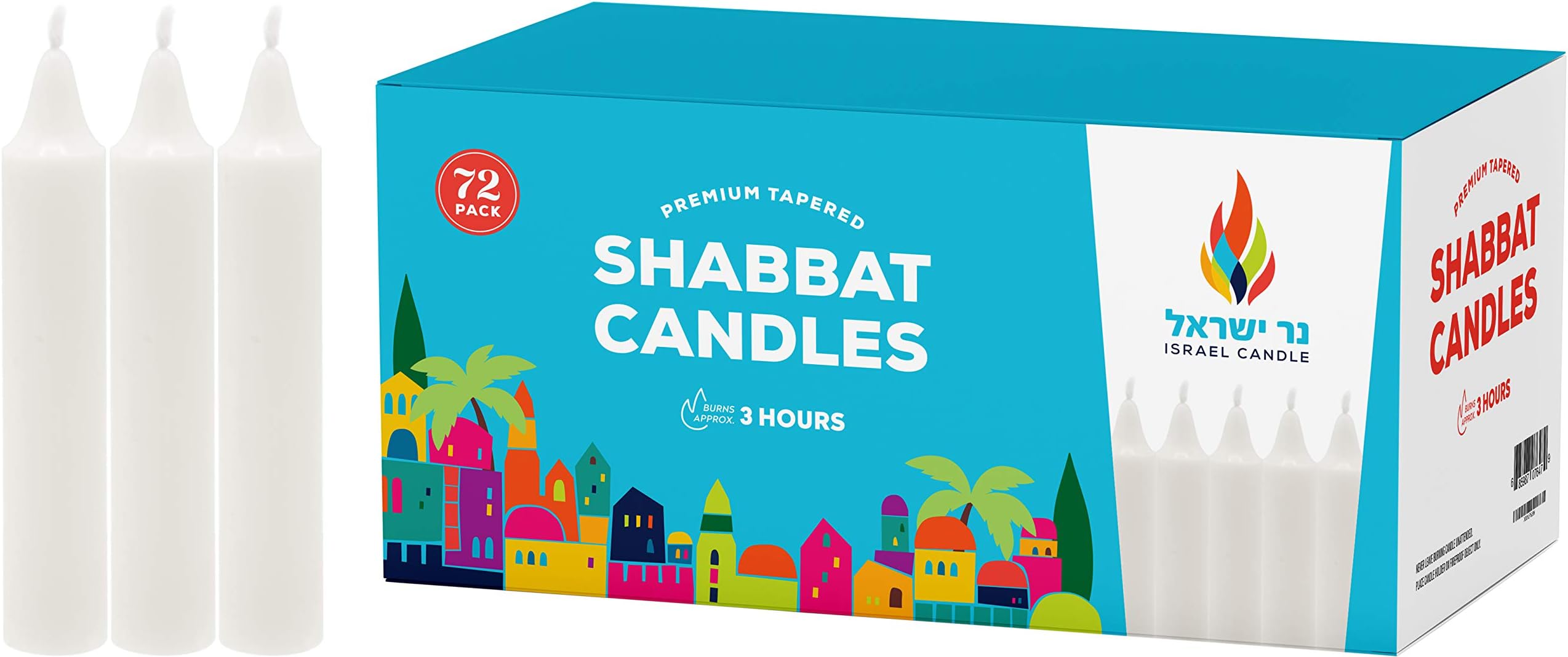Shabbat Candles - 72 White Taper Candles - Shabbos Candles by Israel Candle 3 Hr. - 72 Ct.