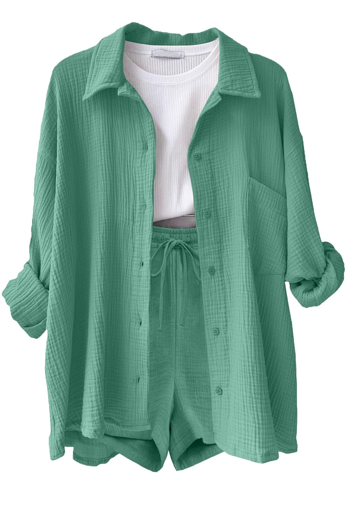 Conjuntos Mujer Verano Casual Dos Piezas Pantalon Cortos y Blusa Elegante Conjunto Lino Chándal Camisa Manga Larga Conjunto de Verano Ropa de Playa Chandal con Bolsillos