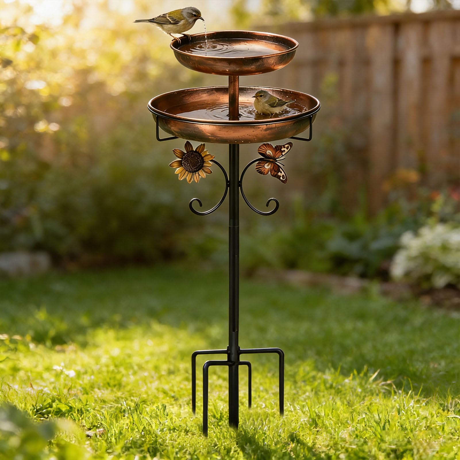 Lergas Bebedero para pájaros de pie, baño para pájaros para exterior, jardín, 2 en 1, de metal, bebedero para pájaros, bebedero para pájaros antiguos, resistente al invierno, para exteriores, balcón
