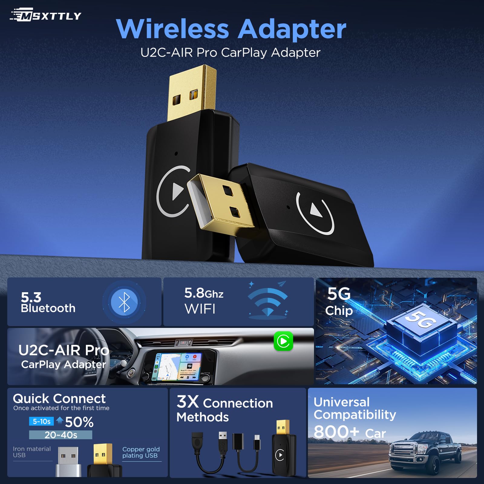 MSXTTLY Carplay Wireless Stick, Adattatore Carplay wireless Mini Convertire Carplay da cablato a Wireless, Plug & Play USB C/A, U2C-AIR 3.0