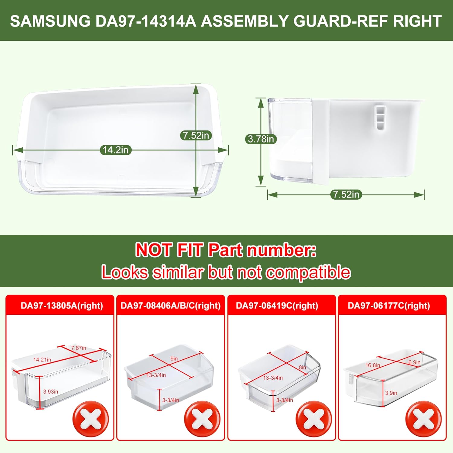 DA97-14314A Door Bin Compatible with Samsung Refrigerator (Right) Door Shelf, Part Number: RF23HCEDBBC, RF23HCEDBSG, RF23HCEDBSR, RF23HCEDBWW, RF23HCEDTSR etc. 1 Year Warranty