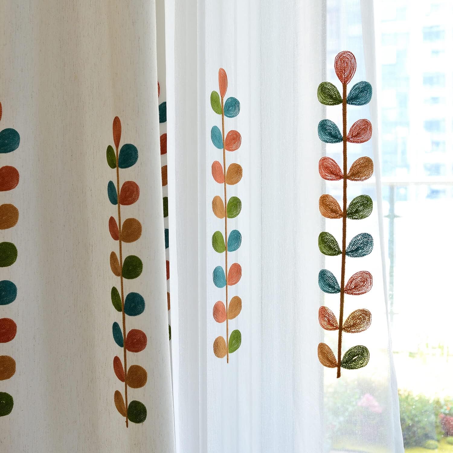 VOGOL Sheer Curtains 84 Inches Long, Colorful Leaves Embroidered White Sheer Window Curtain for Living Room/Dining Room, Rod Pocket, 52 x 84, 2 Panels