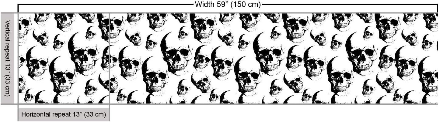 Lunarable Skull Fabric by The Yard, Skulls Pattern Monochrome Detailed Sketch Human Skeleton Head Fear Halloween Theme, Decorative Fabric for Upholstery and Home Accents, 1 Yard, White Black