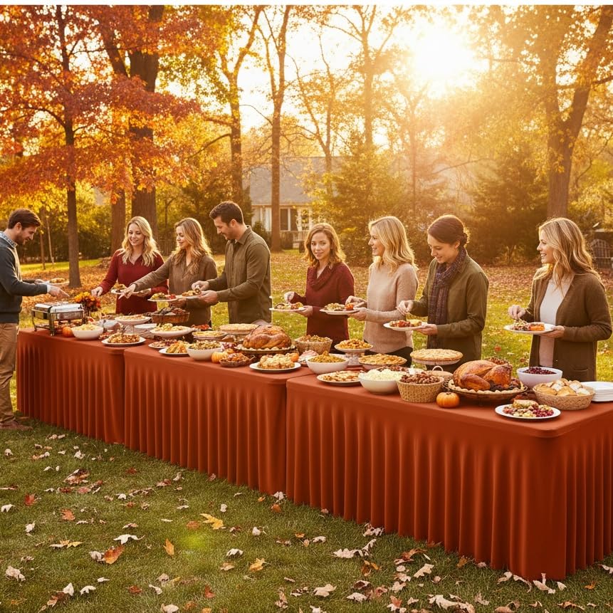 Image of HolidayIdeas 6 Pack Spandex Table Skirts for 6 Foot Rectangle Table, Bulk Fitted 30x72 Inch Stretch Covers for Banquets, Craft Fairs, Rust