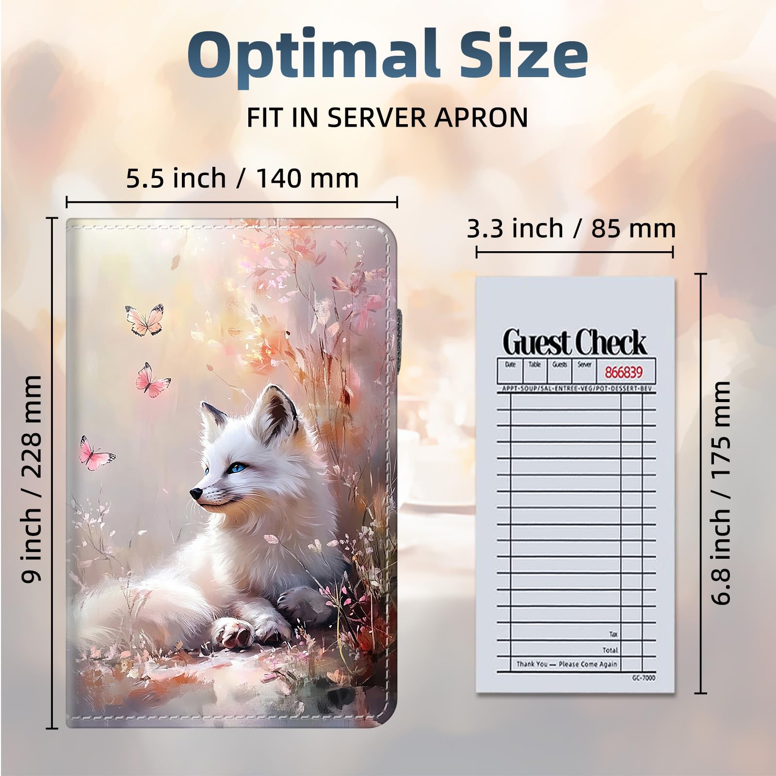 FQSXFIFN Leather Server Book for Waitress, Cute Server Book with Zipper Money Pocket,Check Presenters Waitstaff Organizer Fit Server Apron, White Fox Serving Books, Black Waiter Books for Servers